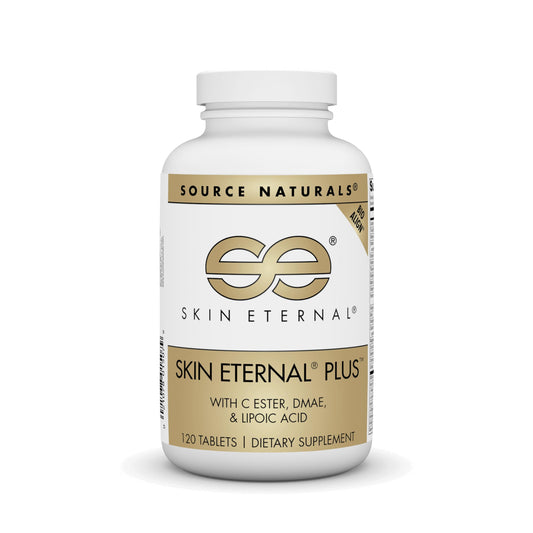 Source Naturals Skin Eternal Plus bottle closeup showing capsules for skin support.