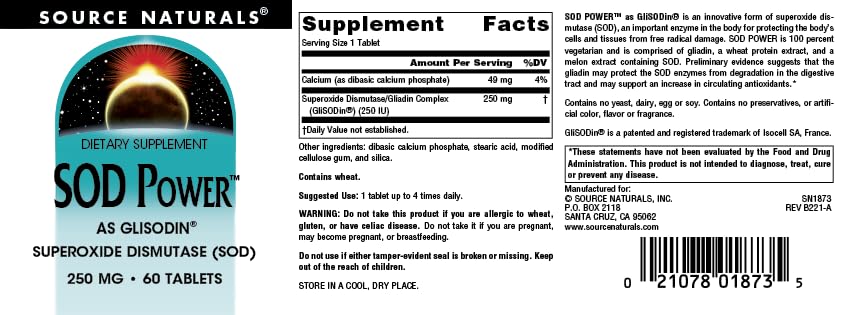 Label detail for Source Naturals SOD Power shows 60-tablet supply.