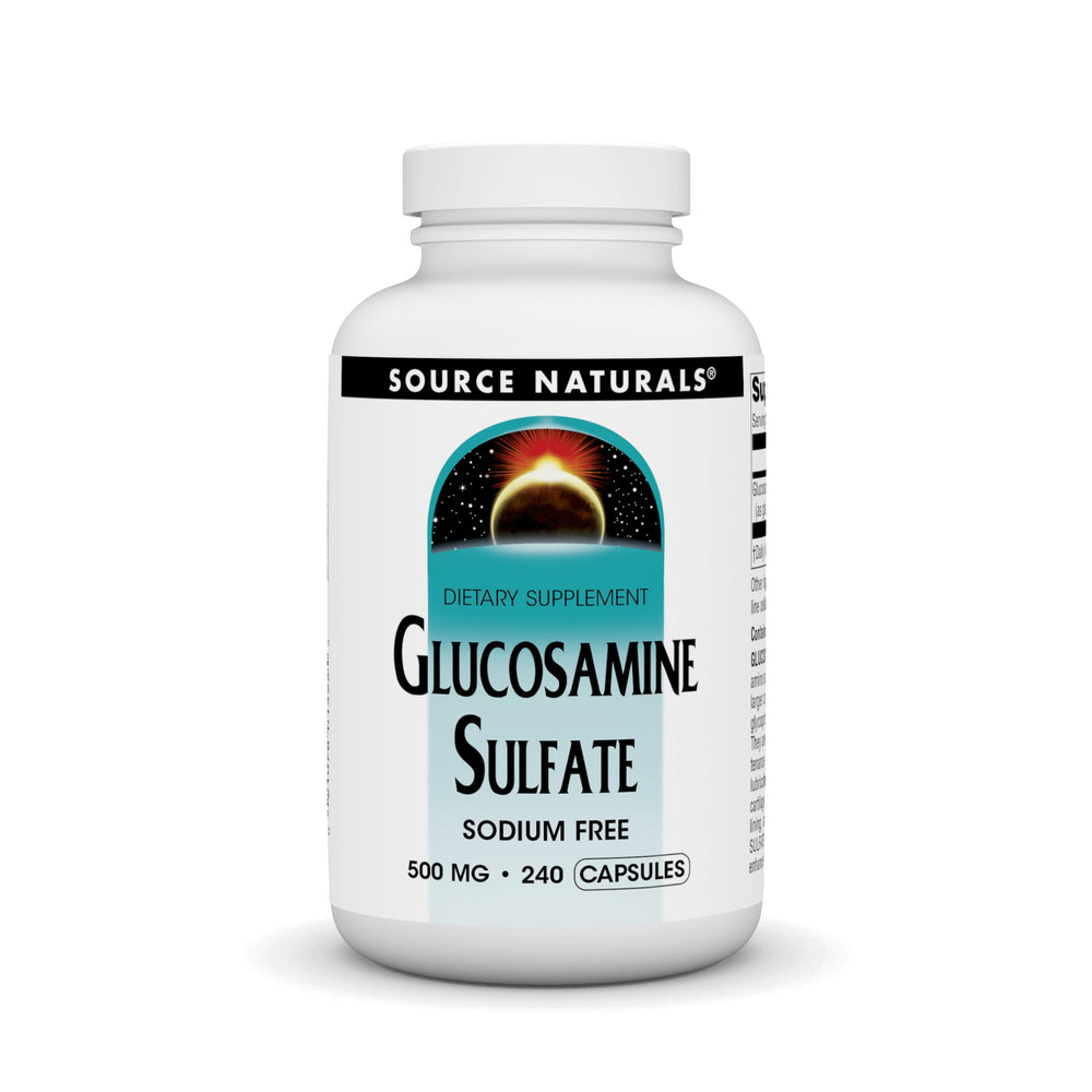 Source Naturals Sodium-Free Glucosamine Sulfate bottle with 500 mg capsules for joint support.