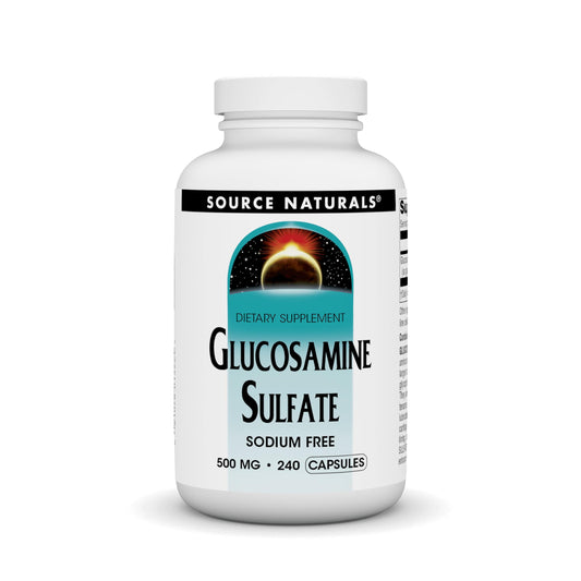 Source Naturals Sodium-Free Glucosamine Sulfate bottle with 500 mg capsules for joint support.