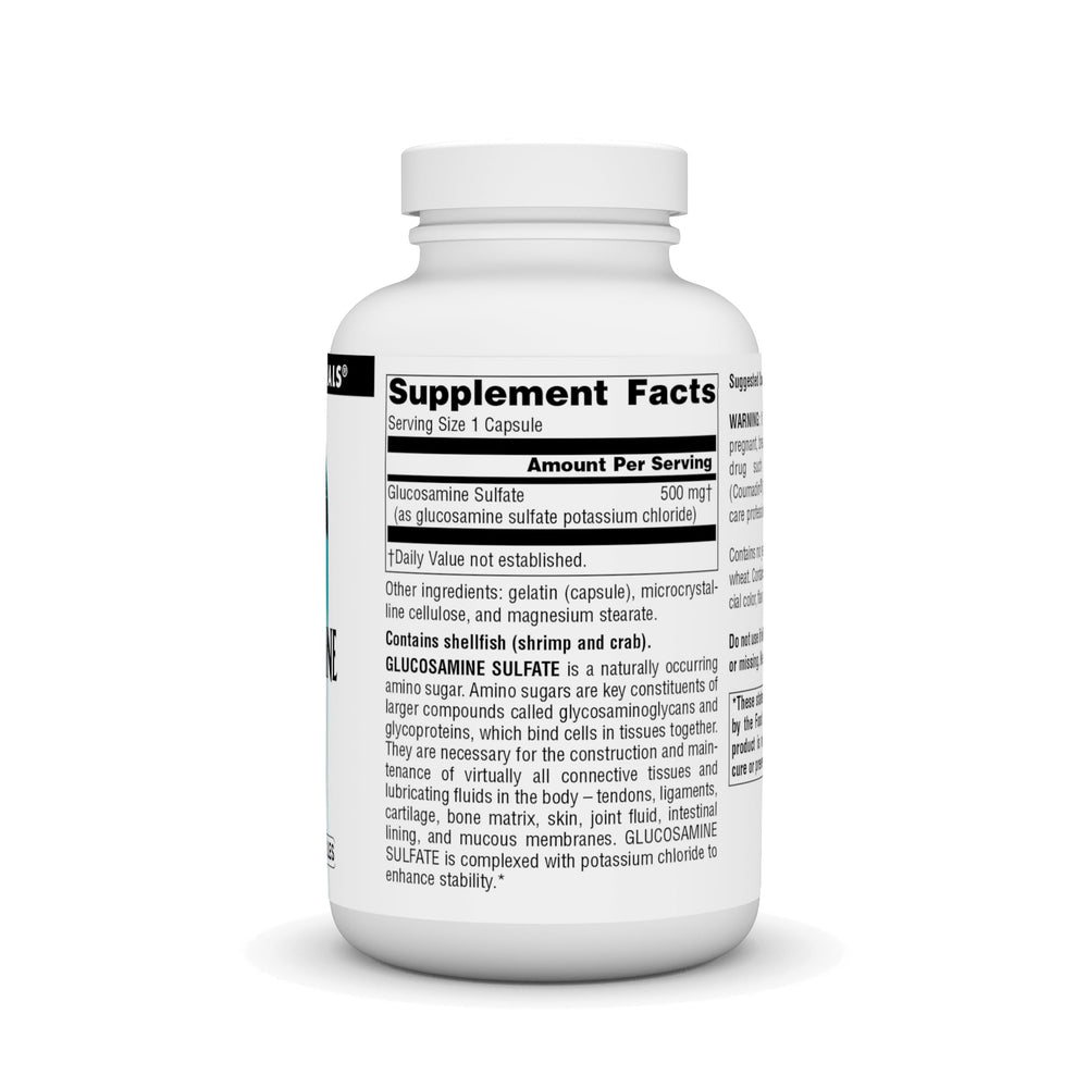 Close-up of Source Naturals glucosamine sulfate capsules for daily joint care.