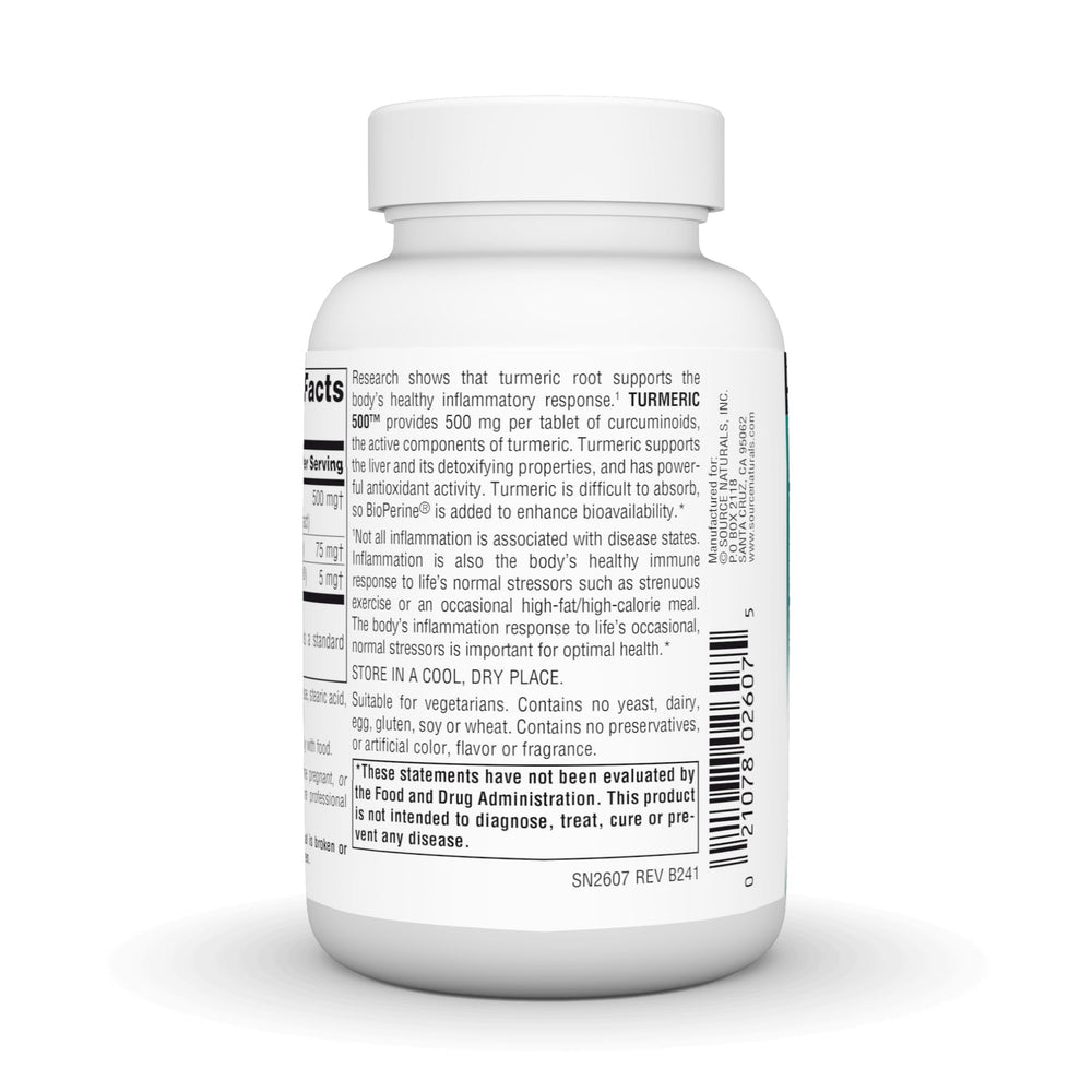 Source Naturals Turmeric 500 bottle label closeup noting BioPerine for absorption