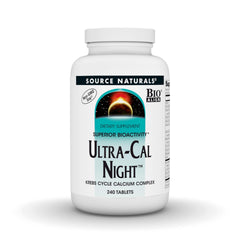 Source Naturals Ultra-Cal Night bottle pouring, highlighting night-time calcium delivery.