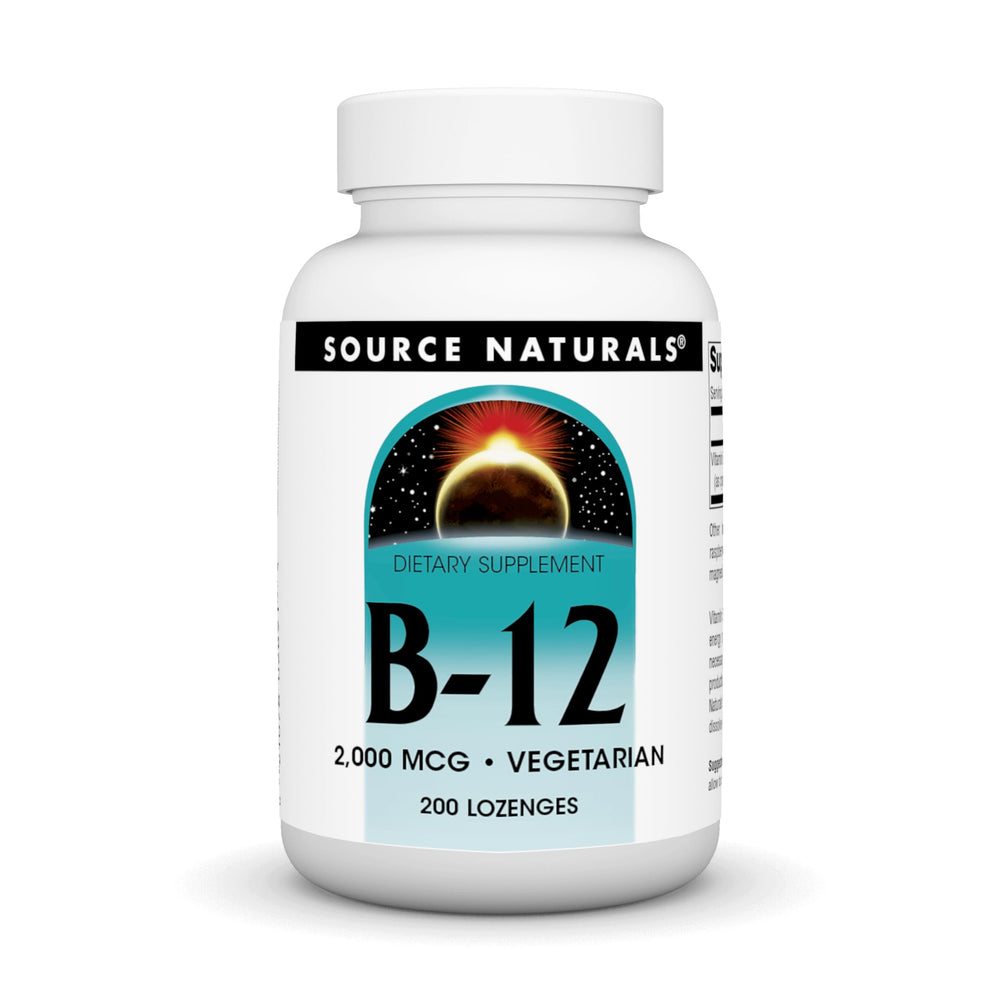 Source Naturals Vitamin B-12 lozenge bottle with 2000 mcg for daily energy support.
