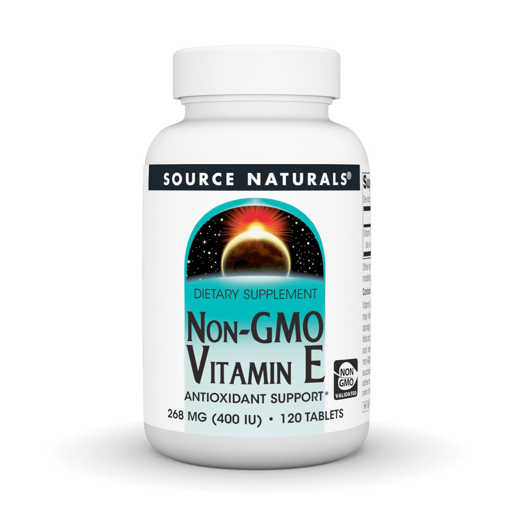 Source Naturals Vitamin E bottle front view highlighting non-GMO formula and antioxidant support