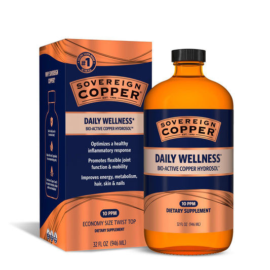 Sovereign Copper Hydrosol bottle on shelf signals premium daily copper support for wellness.