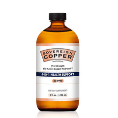 Sovereign Copper Pro-Strength bottle front showing the 8 oz bioactive copper formula.