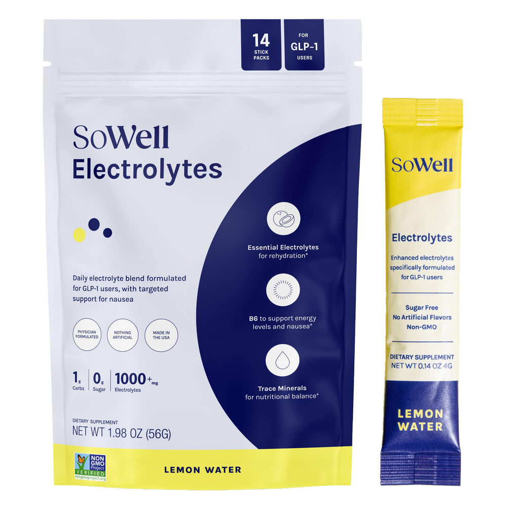 SoWell GLP-1 electrolytes lemon drink mix stick for on-the-go hydration.