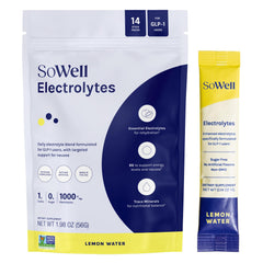 SoWell GLP-1 electrolytes lemon drink mix stick for on-the-go hydration.
