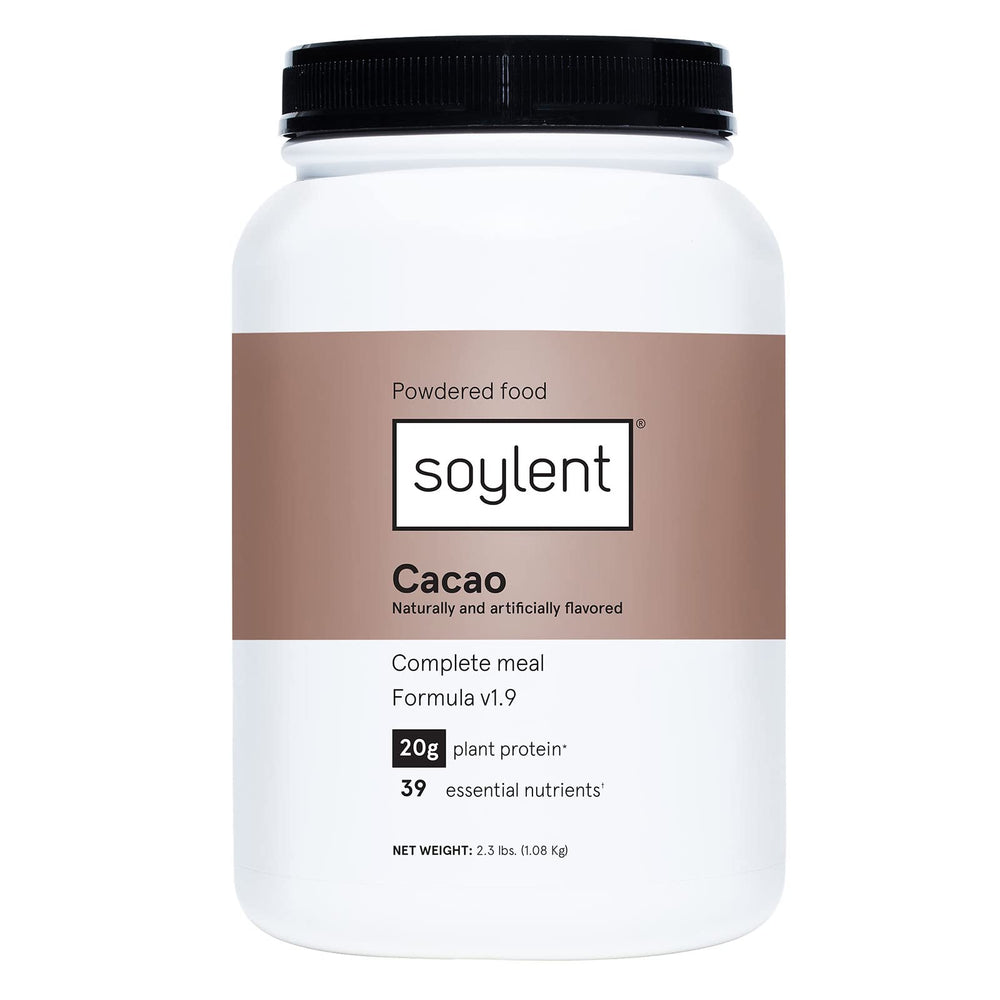 Soylent cacao powder tub with rich chocolate shake base for quick meals