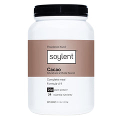 Soylent cacao powder tub with rich chocolate shake base for quick meals