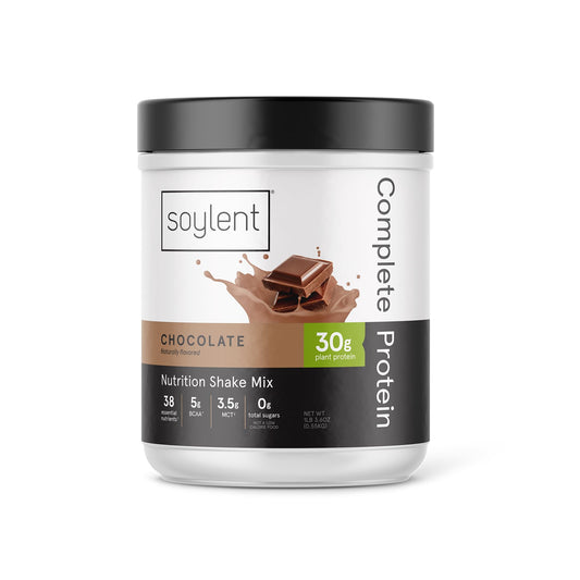 Soylent Complete Protein Chocolate tub front with zero sugar and vegan formula.