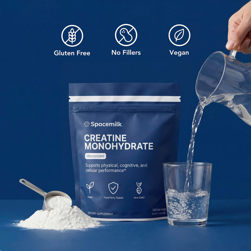 Spacemilk creatine powder scoop aids precise serving for consistent workouts.