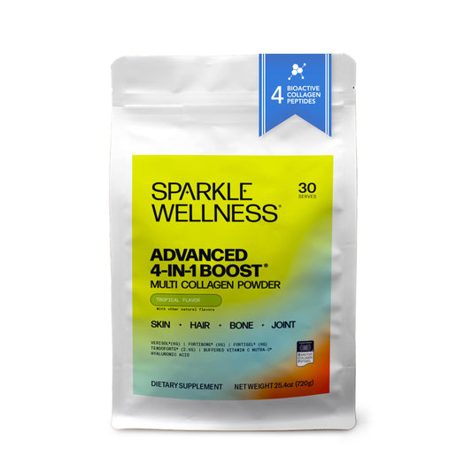 Sparkle Wellness Advanced 4-in-1 Boost tub shown for daily collagen support and easy mixing.