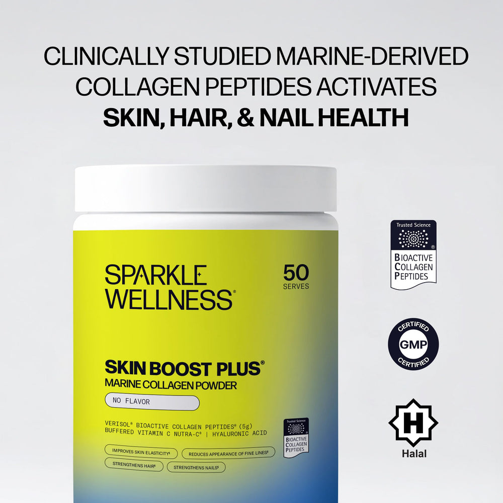 Sparkle Wellness Marine Skin Boost Plus powder stirred into smoothie for seamless nutrition.