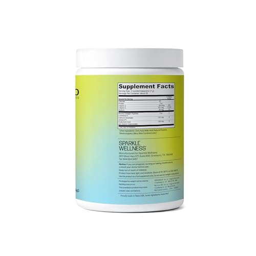 Sparkle Wellness bottle highlighting vitamin C and hyaluronic acid ingredients.