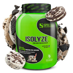 Species Nutrition Isolyze whey protein isolate scoop showing 27.5g protein per serving for muscle support.