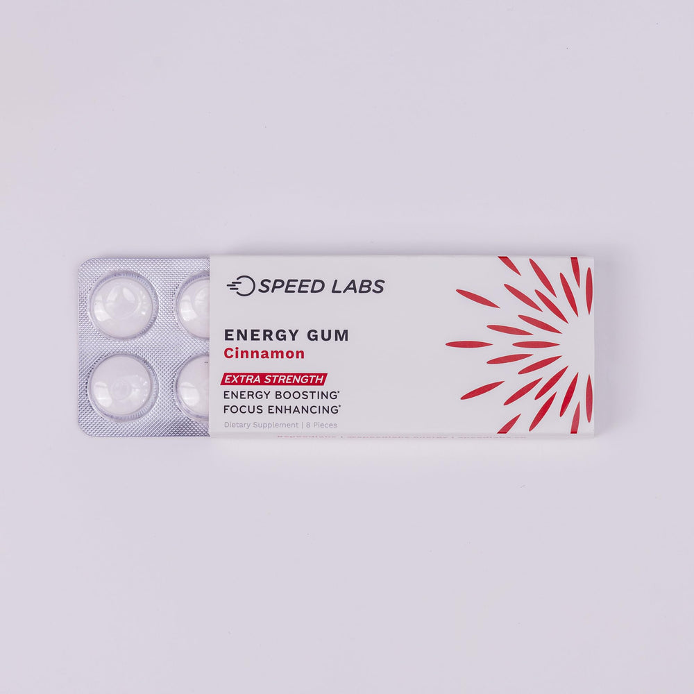 Speed Labs Cinnamon gum pack foil wrapper emphasizes portability and sugar-free energy.
