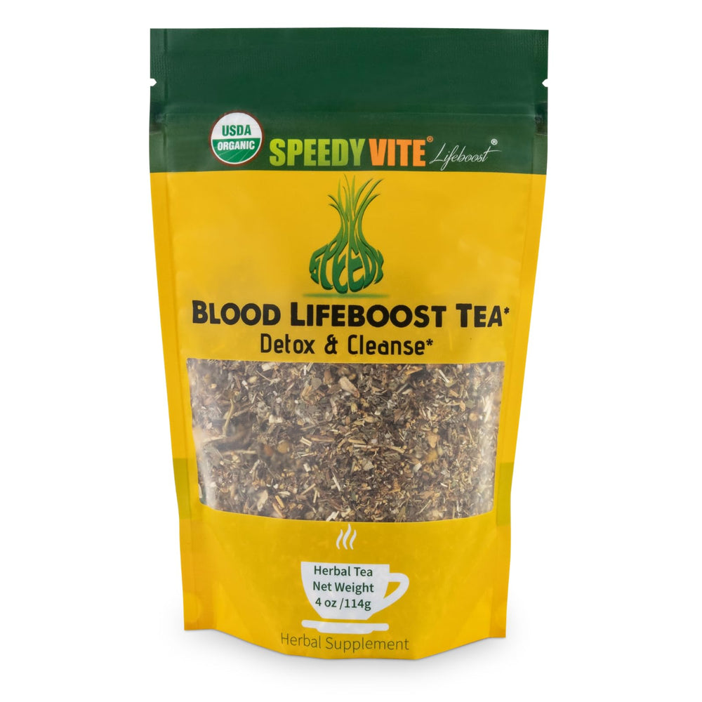SpeedyVite Blood Lifeboost Tea bottle with herbal blend for cleansing support.