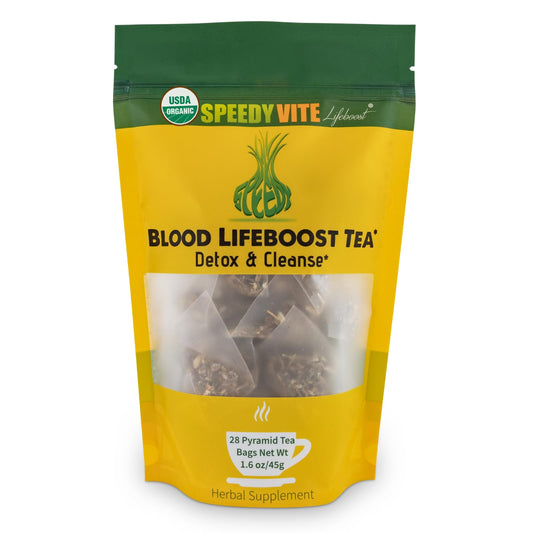 SpeedyVite Blood Lifeboost Tea packaging highlights branding for easy daily use