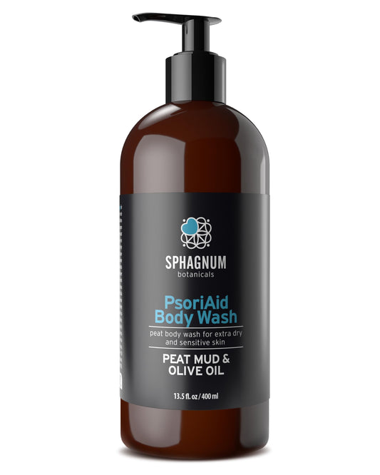 Sphagnum Botanicals psoriasis body wash bottle shows Nordic organic formula for dry, itchy skin