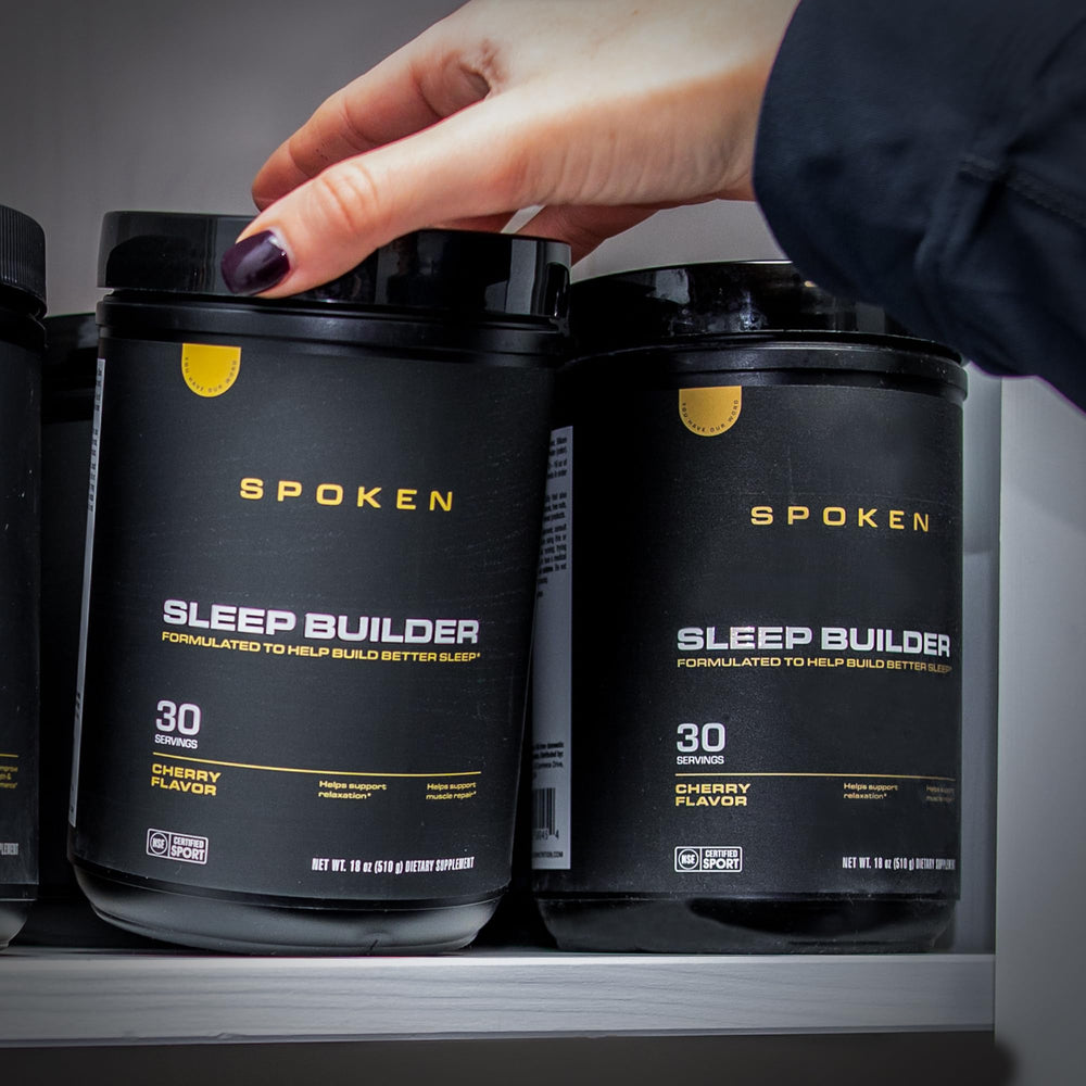 Spoken Nutrition Sleep Builder label closeup highlights cherry flavor and melatonin-free formula.