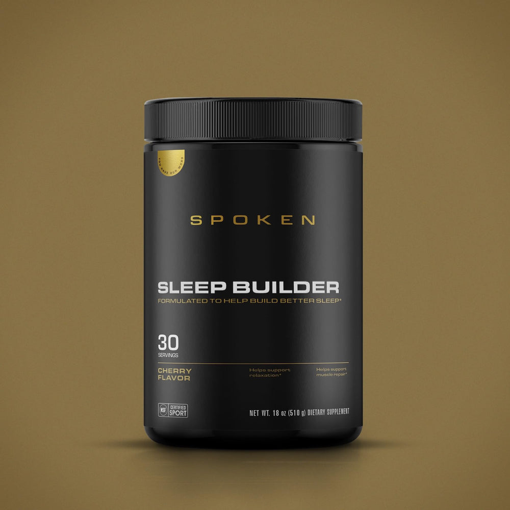Spoken Nutrition Sleep Builder scoop dispense shows simple measurement for consistent nightly use.