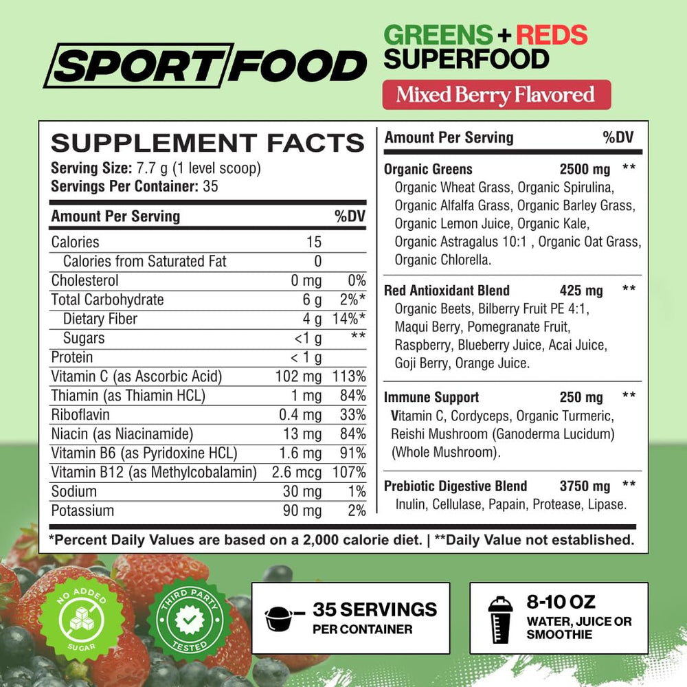 Sport Food mixed berry flavor powder scoop pour captures a tasty energy boost in your smoothie.