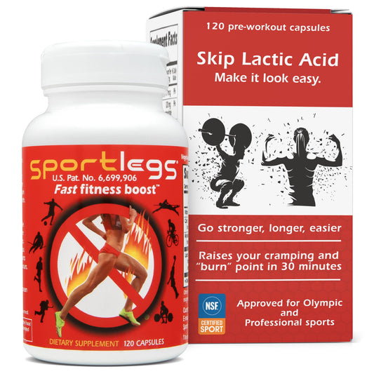 SPORTLEGS bottle front label showcases non-stimulant pre-workout option for endurance.