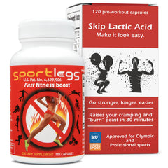 SPORTLEGS bottle front label showcases non-stimulant pre-workout option for endurance.