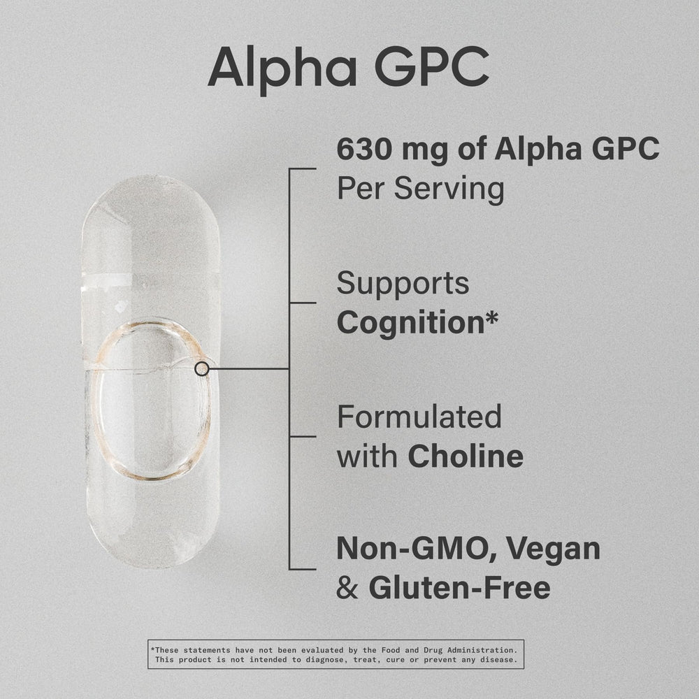 Sports Research Alpha GPC 630mg capsules inside bottle for daily cognitive support