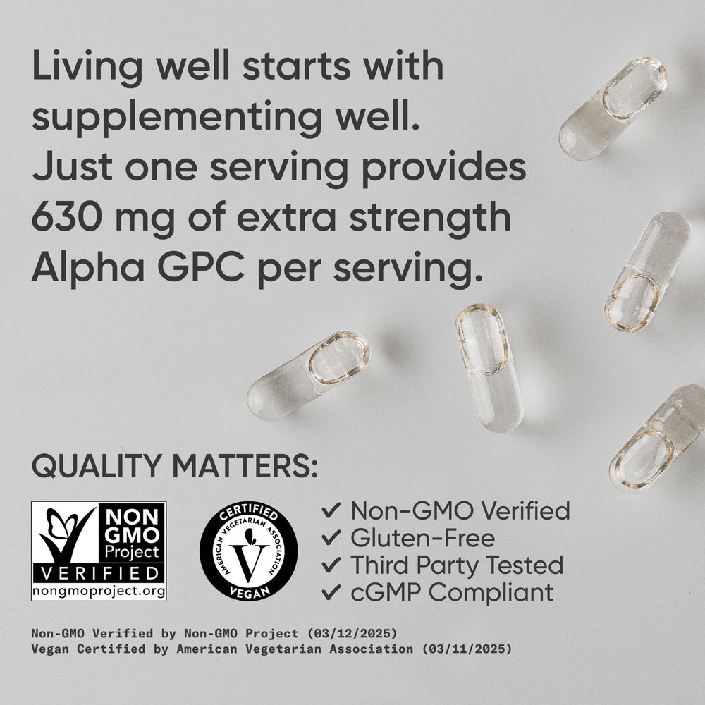 Sports Research Alpha GPC 630mg label detail showing non-GMO verification