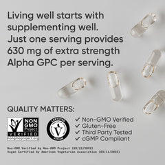 Sports Research Alpha GPC 630mg label detail showing non-GMO verification
