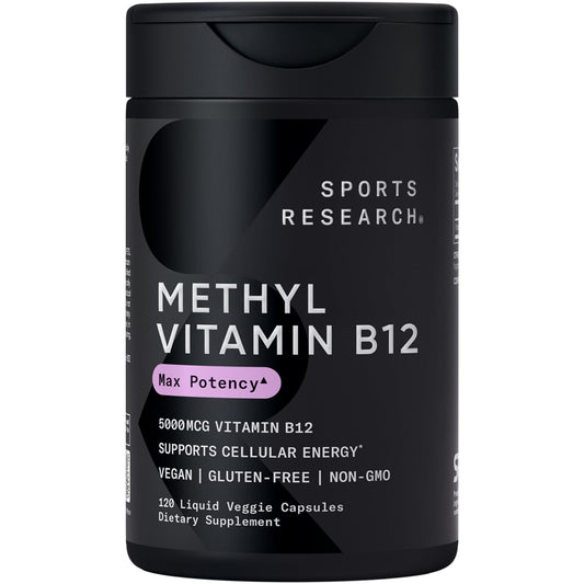 Sports Research B12 bottle label highlights methylcobalamin for energy support.