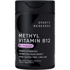 Sports Research B12 bottle label highlights methylcobalamin for energy support.
