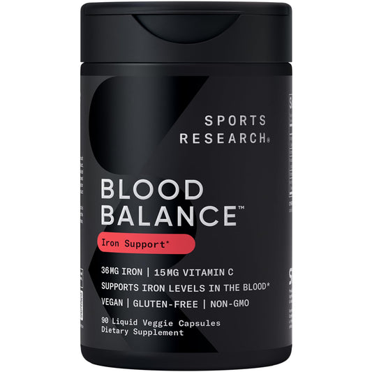 Sports Research Blood Balance bottle front highlighting iron support for daily energy.
