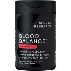 Sports Research Blood Balance bottle front highlighting iron support for daily energy.