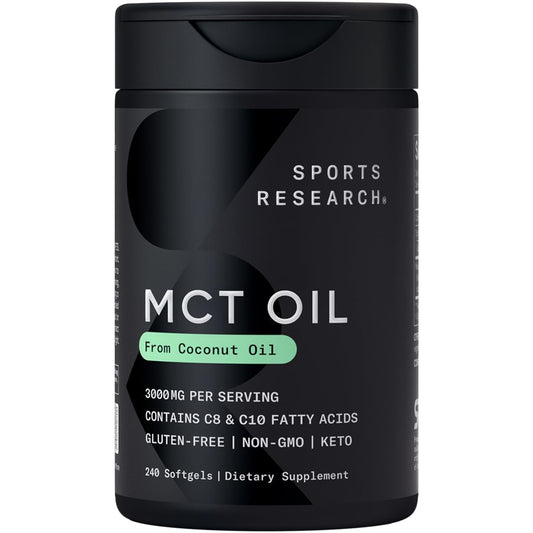Sports Research Coconut MCT Oil bottle highlights 3000mg blend for quick energy support