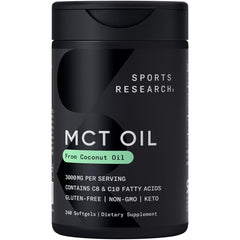 Sports Research Coconut MCT Oil bottle highlights 3000mg blend for quick energy support