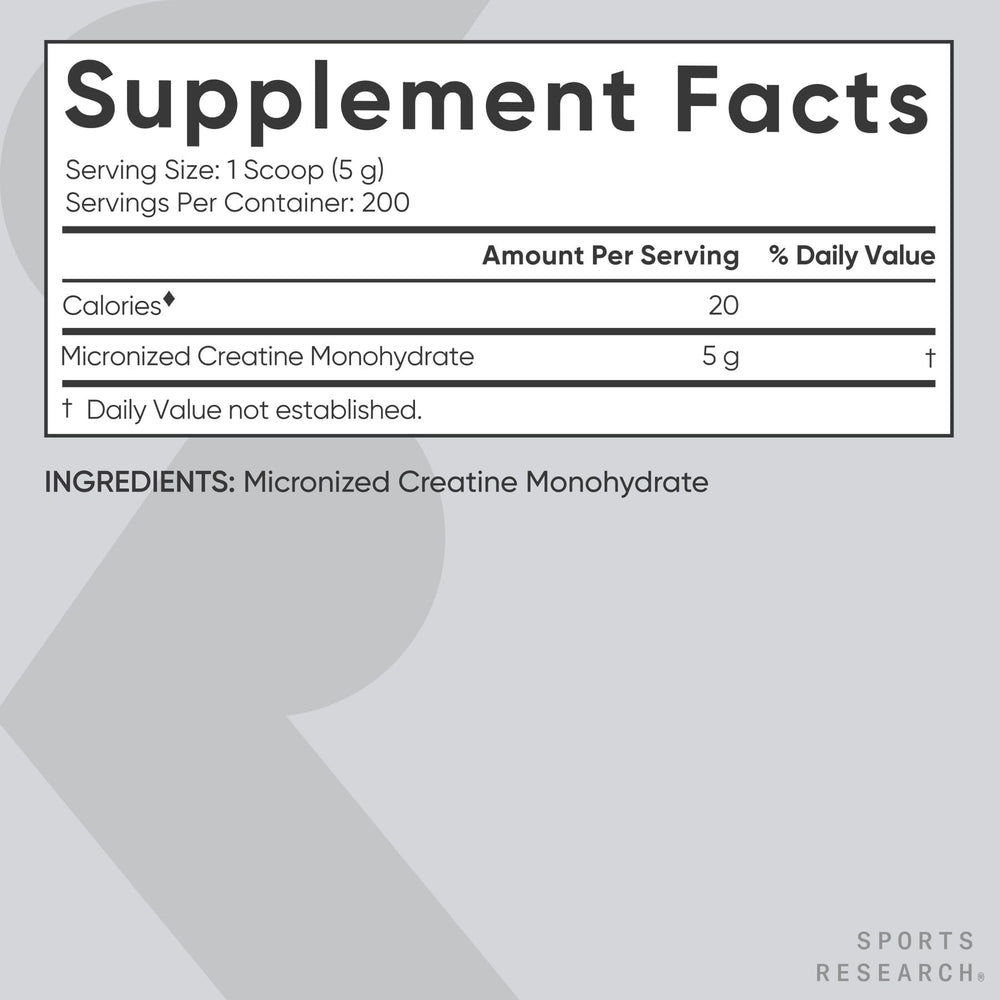 Sports Research Creatine Monohydrate label close-up emphasizes vegan and gluten-free attributes.