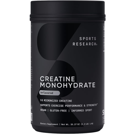 Sports Research Creatine Monohydrate bottle label shows micronized formula for easy mixing.