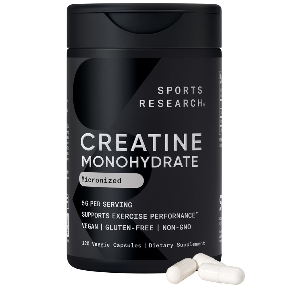 Sports Research Creatine Monohydrate Capsules bottle label highlights 5g serving and clean ingredients for peak training energy