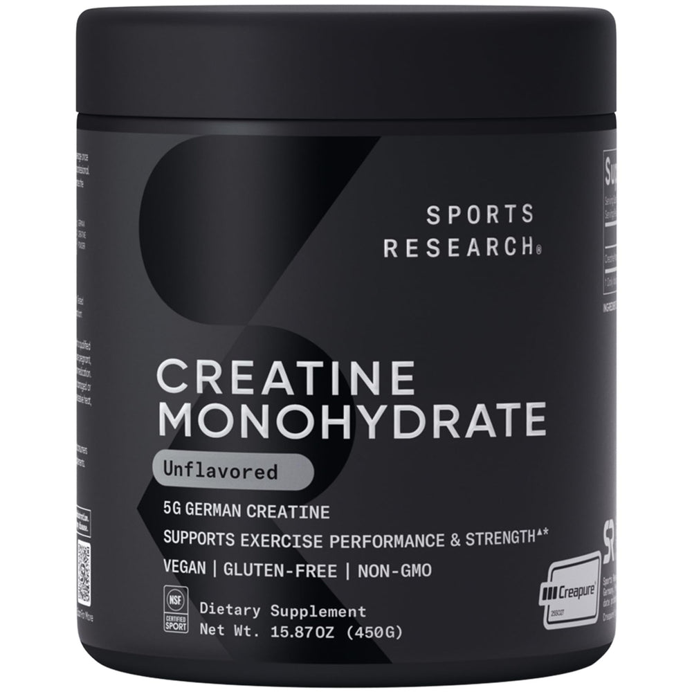 Sports Research Creapure Creatine Monohydrate bottle displaying trusted sport supplement.