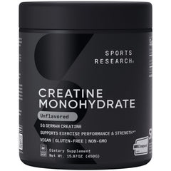 Sports Research Creapure Creatine Monohydrate bottle displaying trusted sport supplement.
