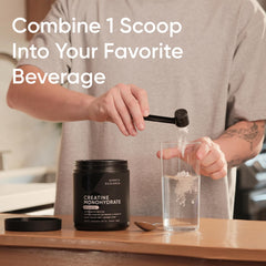 Sports Research Creatine powder dispensing close-up highlighting fine texture for smooth blending.