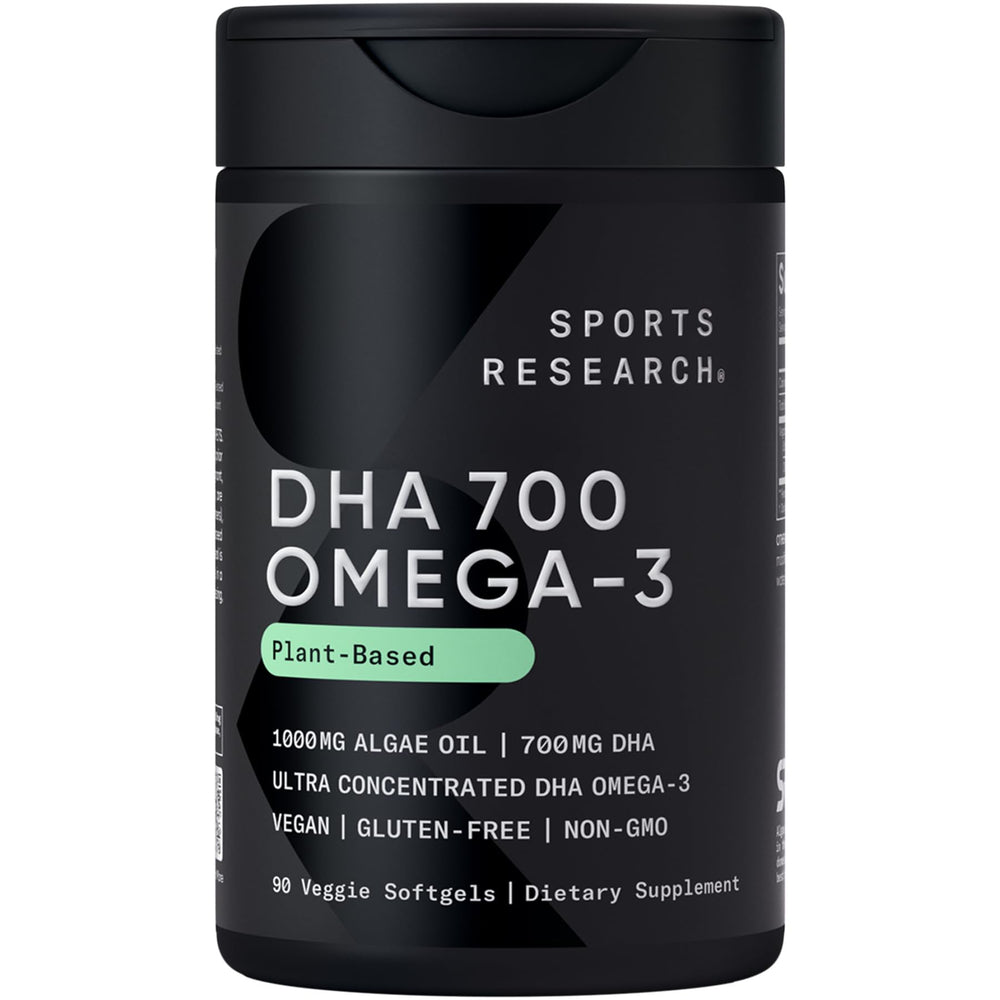 Sports Research DHA Vegan Omega-3 bottle with algae-derived DHA for prenatal support