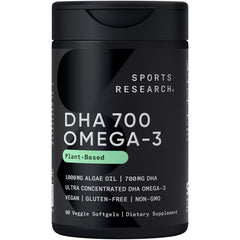 Sports Research DHA Vegan Omega-3 bottle with algae-derived DHA for prenatal support