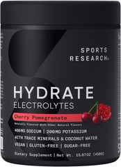 Sports Research Hydrate cherry pomegranate label emphasizes natural flavor and vitamin boost.