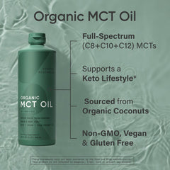 Organic coconuts and a Sports Research MCT Oil bottle on a wooden surface.