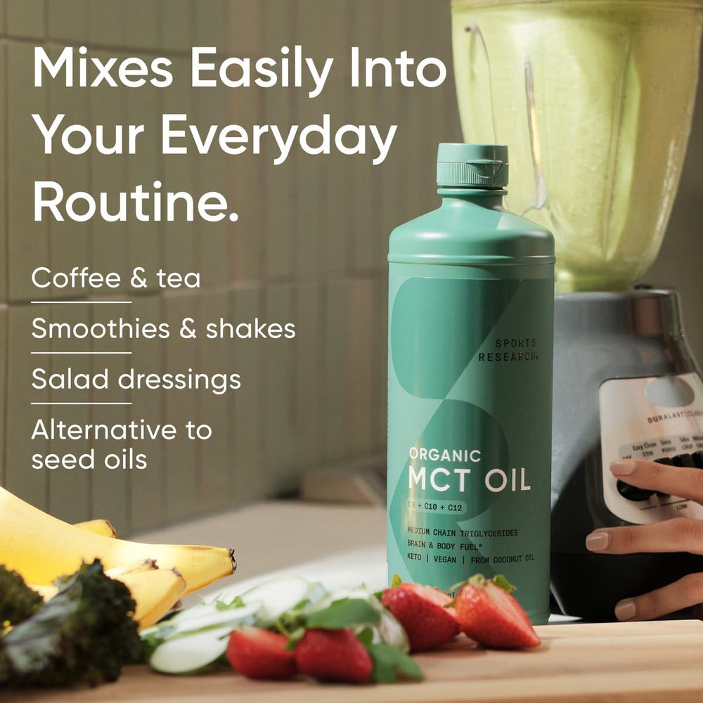 Unflavored Sports Research MCT Oil beside a keto-friendly smoothie bowl.